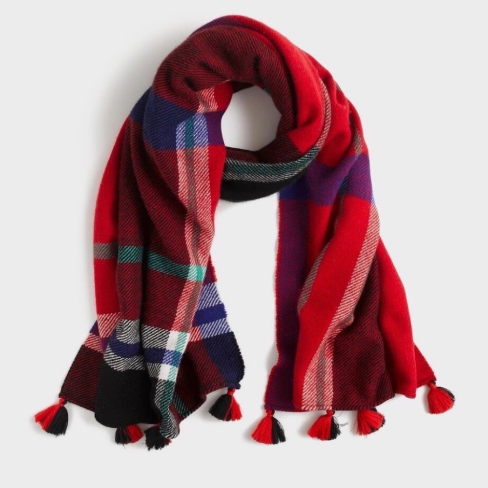 J.Crew Oversized Plaid Wool Scarf w/ Tassels – Red Multi – 78" x 25.5"